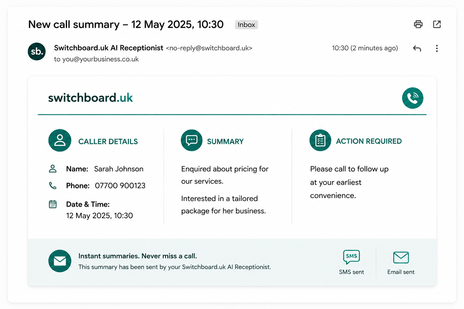 Email call summary from Switchboard.uk AI Receptionist
