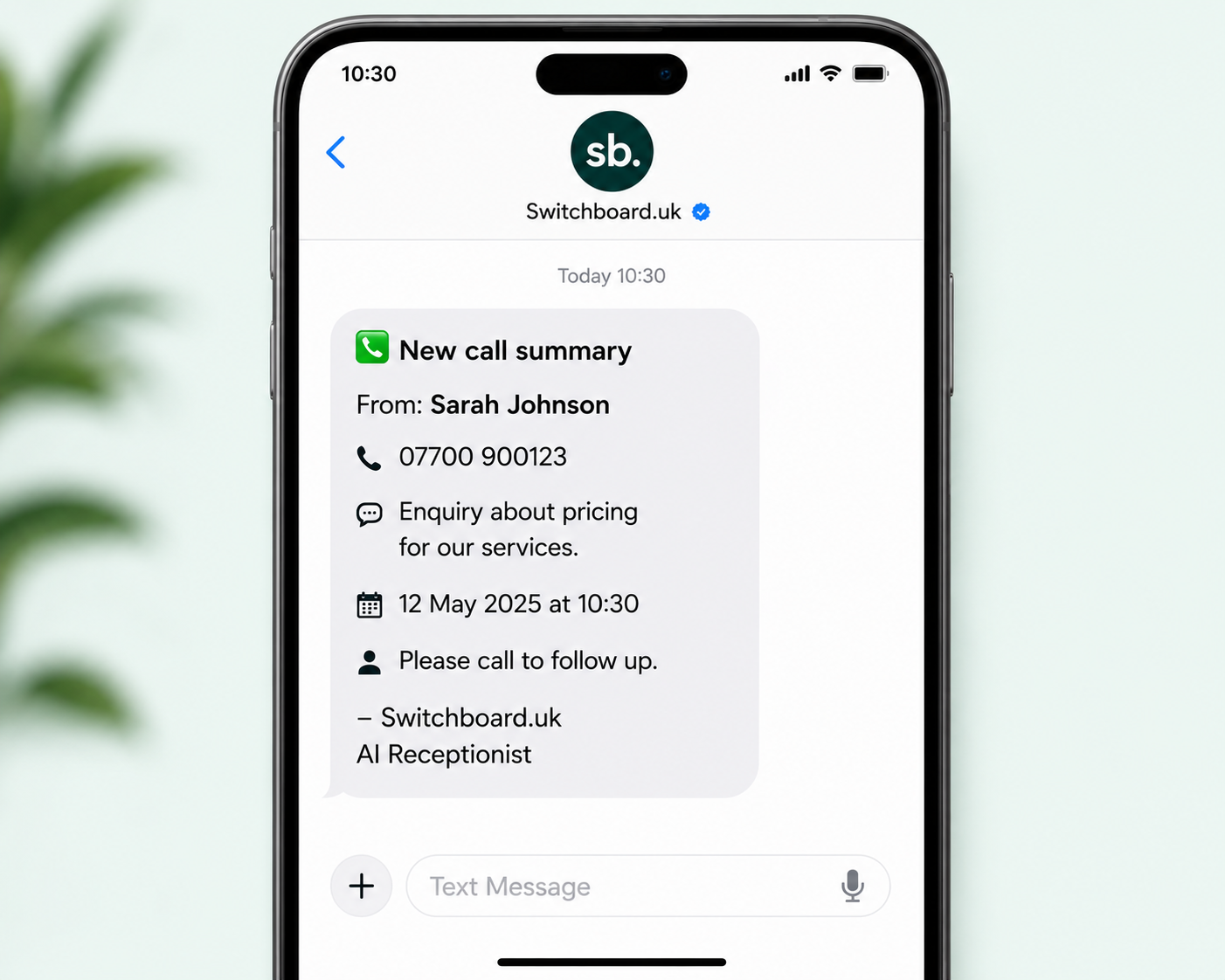 SMS call summary sent after an AI Receptionist conversation